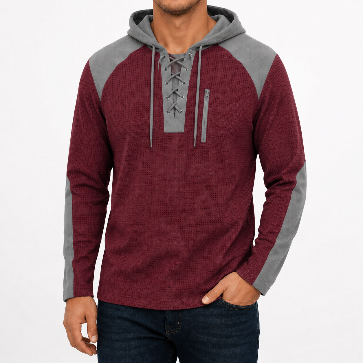 Men's burgundy wine textured lace-up hoodie front