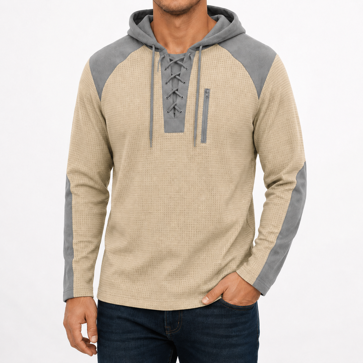 Men's oatmeal beige textured lace-up hoodie front