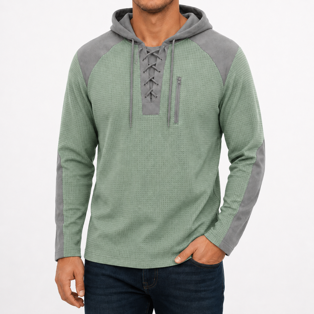 Men's dusty sage textured lace-up hoodie front