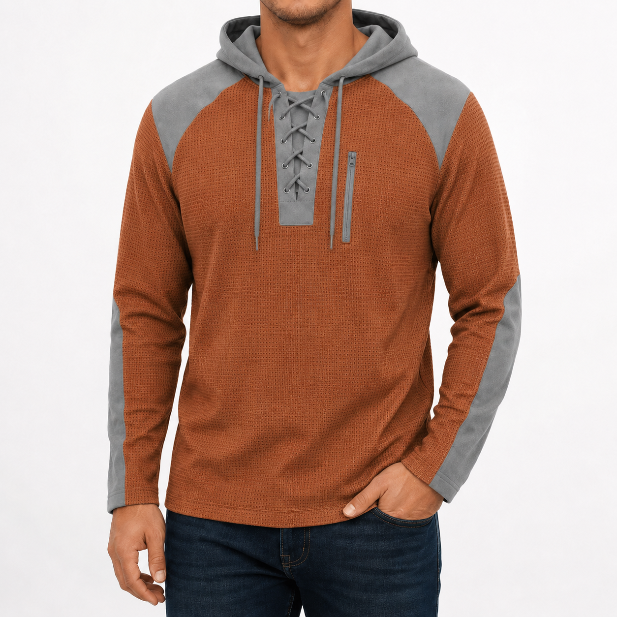 Men's rust brown textured lace-up hoodie front