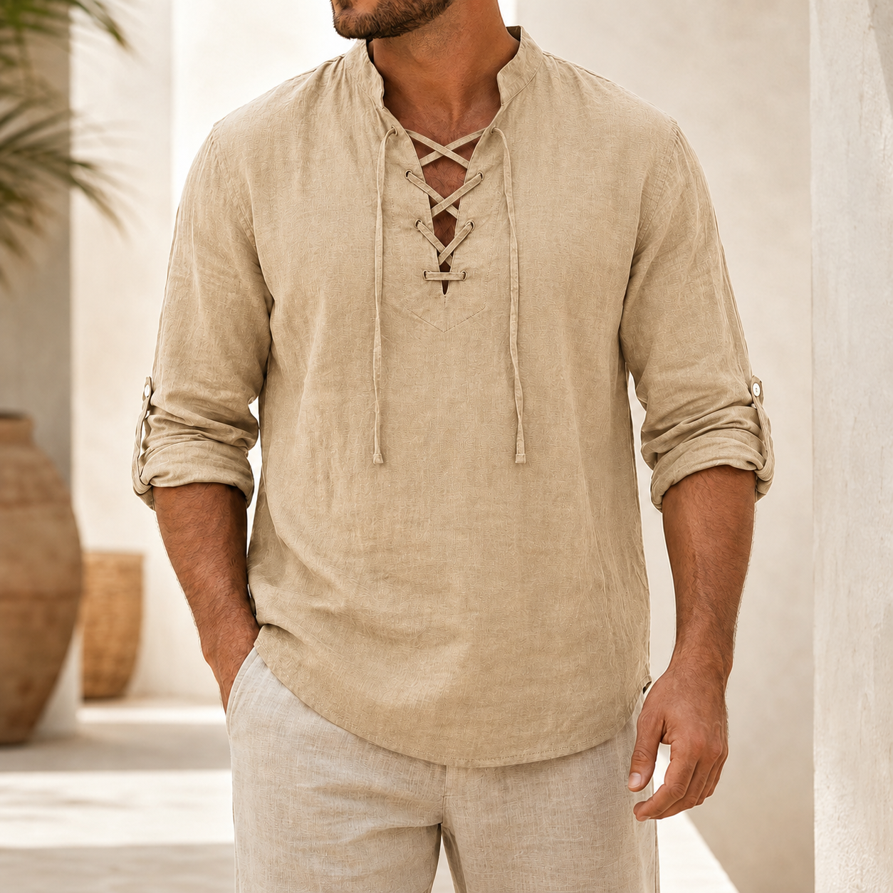Sand beige lace up textured shirt