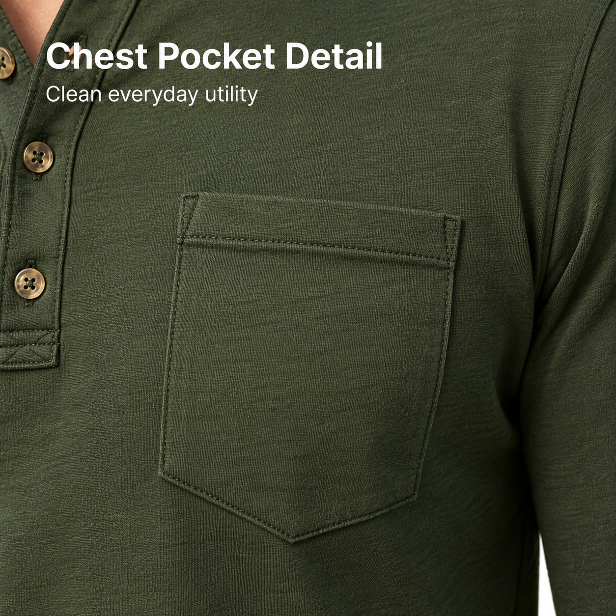 Chest pocket detail on men's textured henley shirt