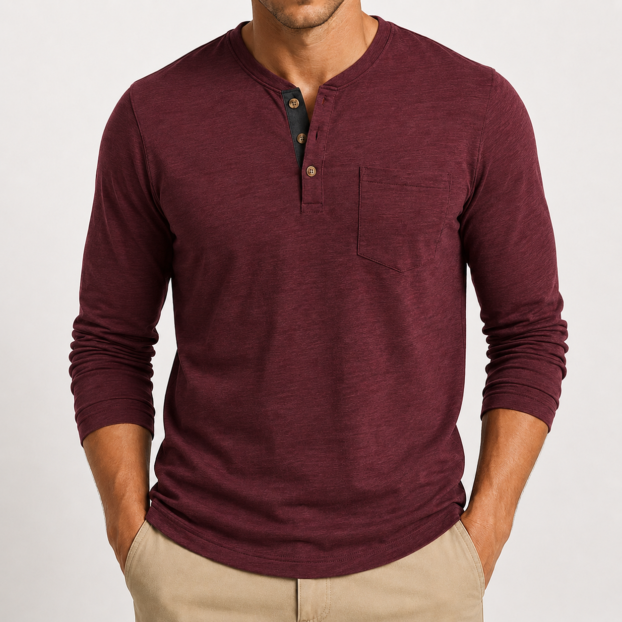 Burgundy men's textured henley shirt