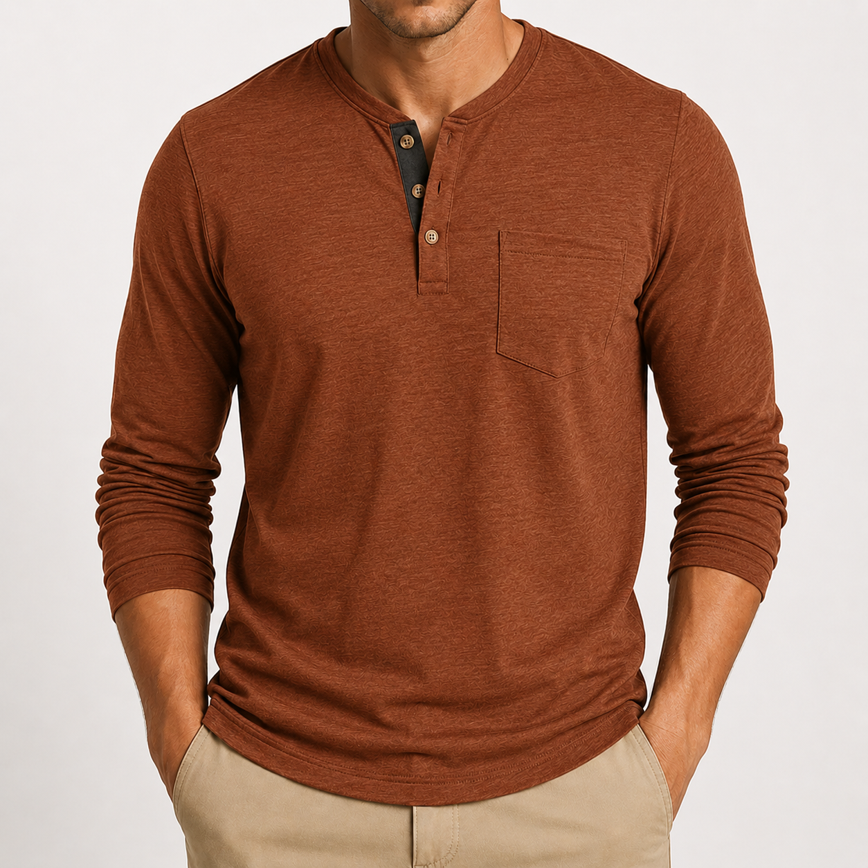 Rust brown men's textured henley shirt