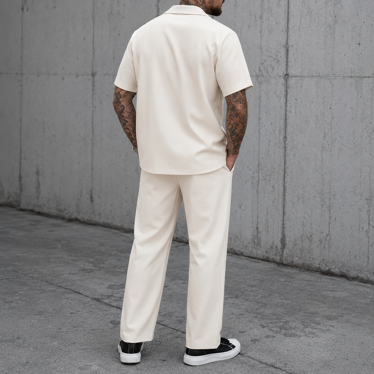 Back view of warm ivory short sleeve lapel two piece set