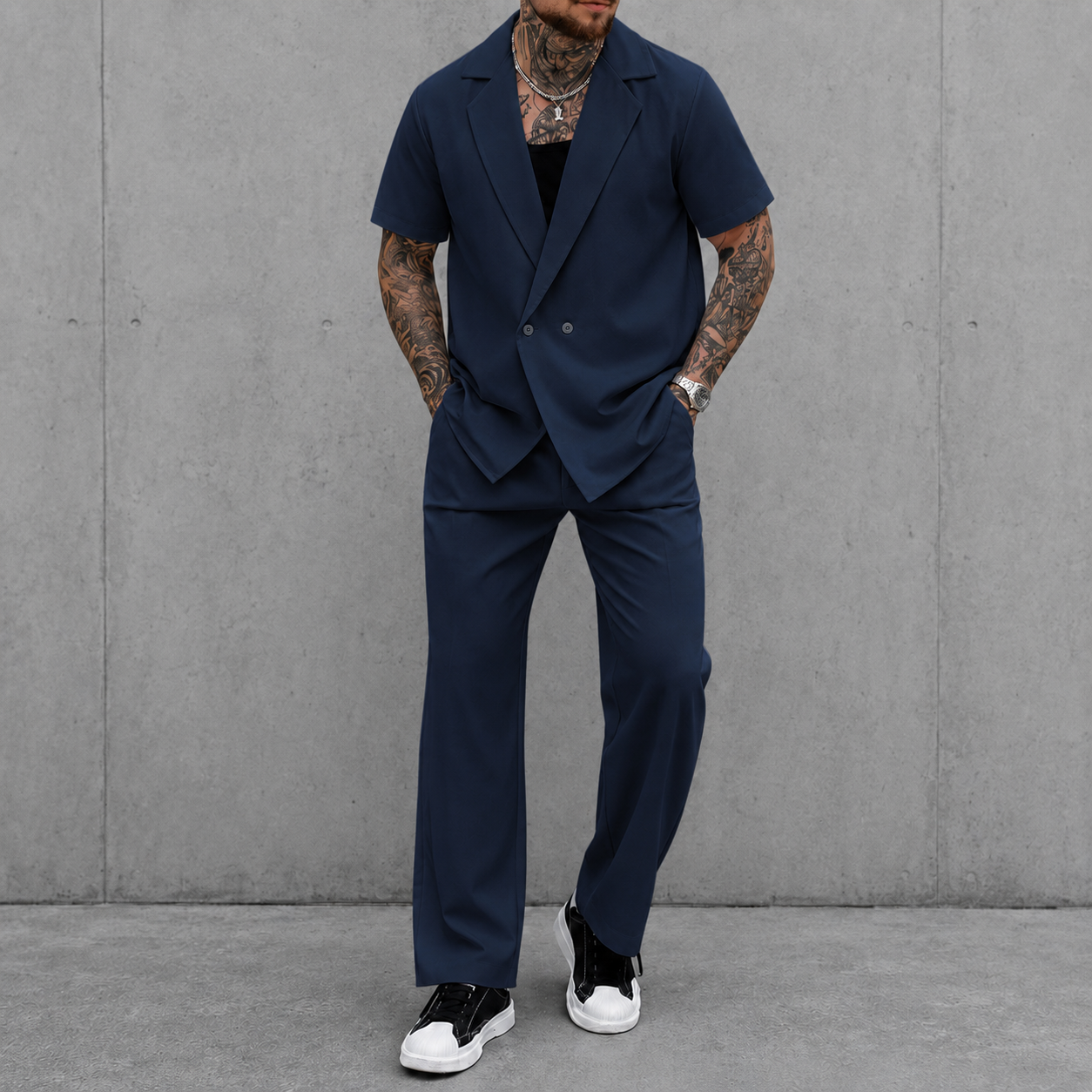 Navy blue short sleeve lapel two piece set