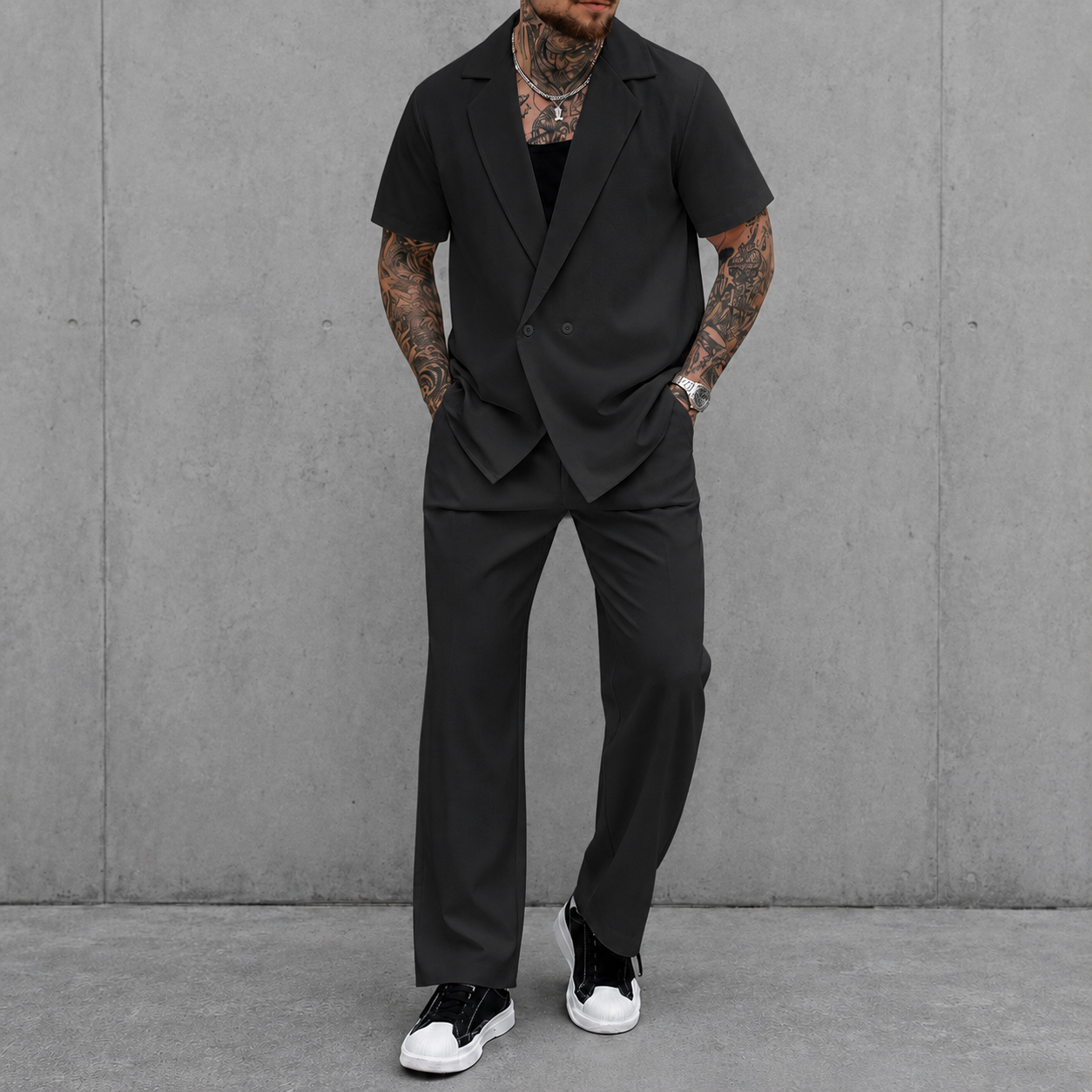 Charcoal black short sleeve lapel two piece set