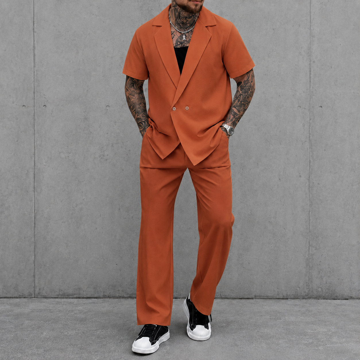Terracotta short sleeve lapel two piece set