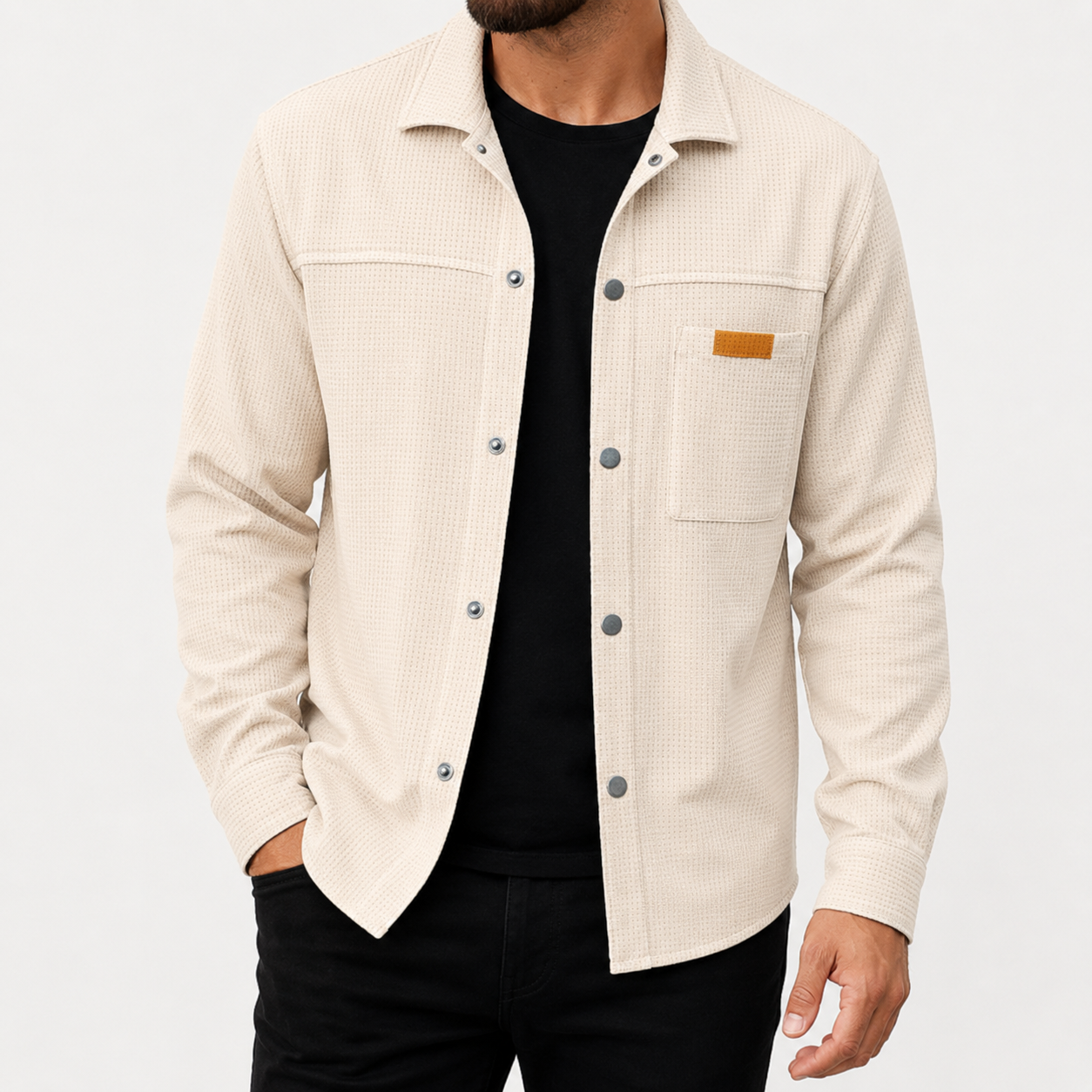 Cream beige men's waffle snap-front overshirt front view