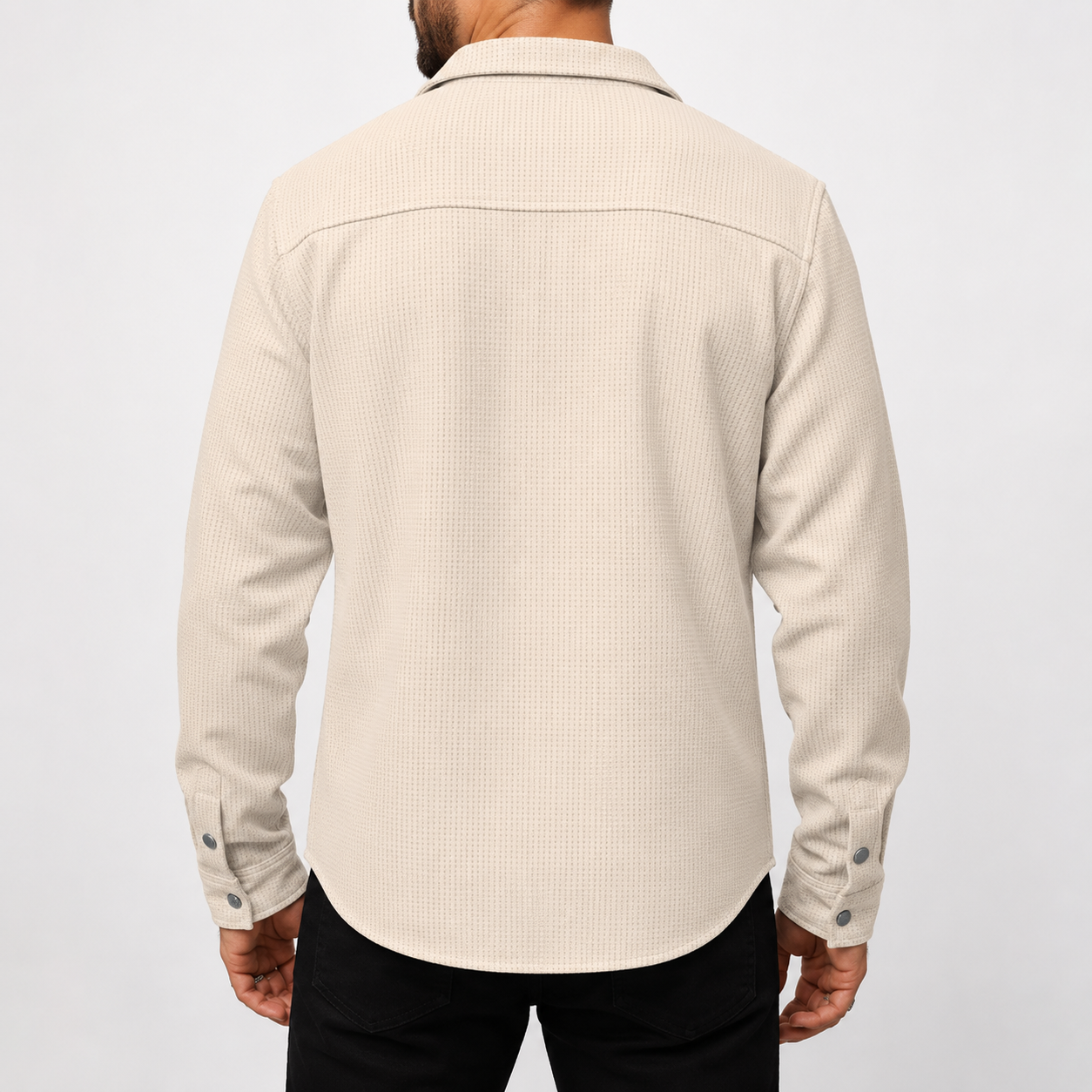 Cream beige men's waffle snap-front overshirt back view