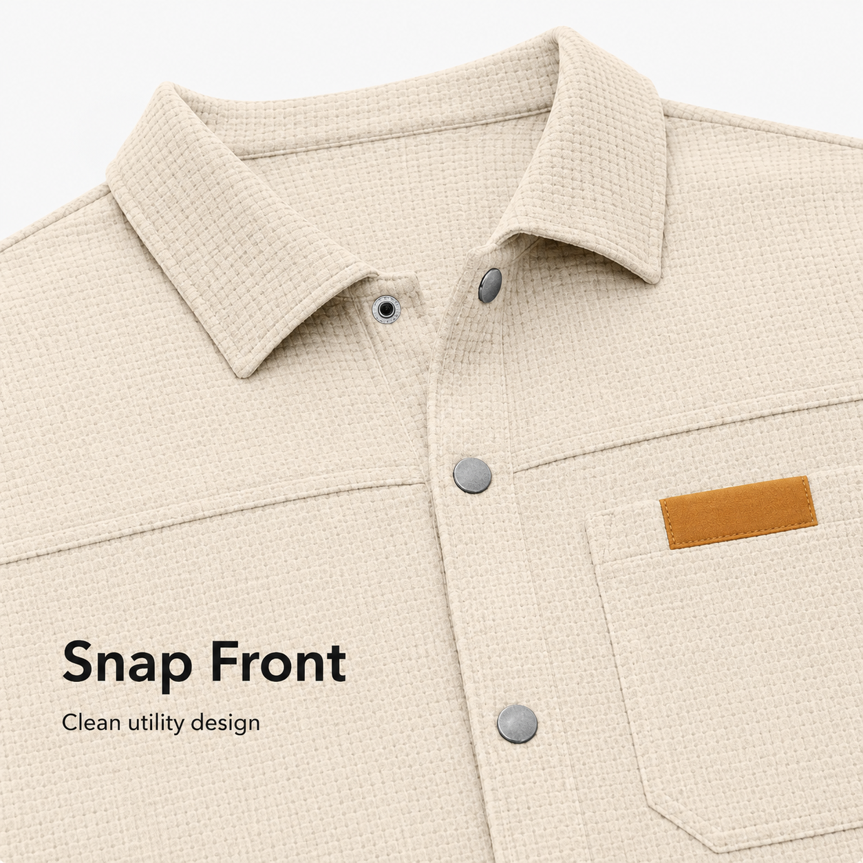 Snap front collar and chest pocket detail on waffle overshirt