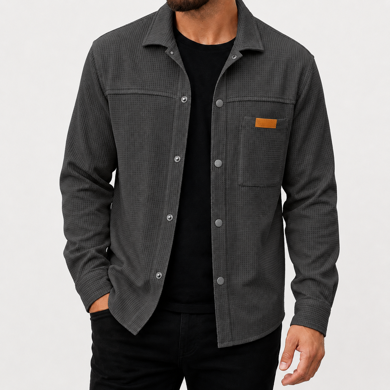 Charcoal gray men's waffle snap-front overshirt front view