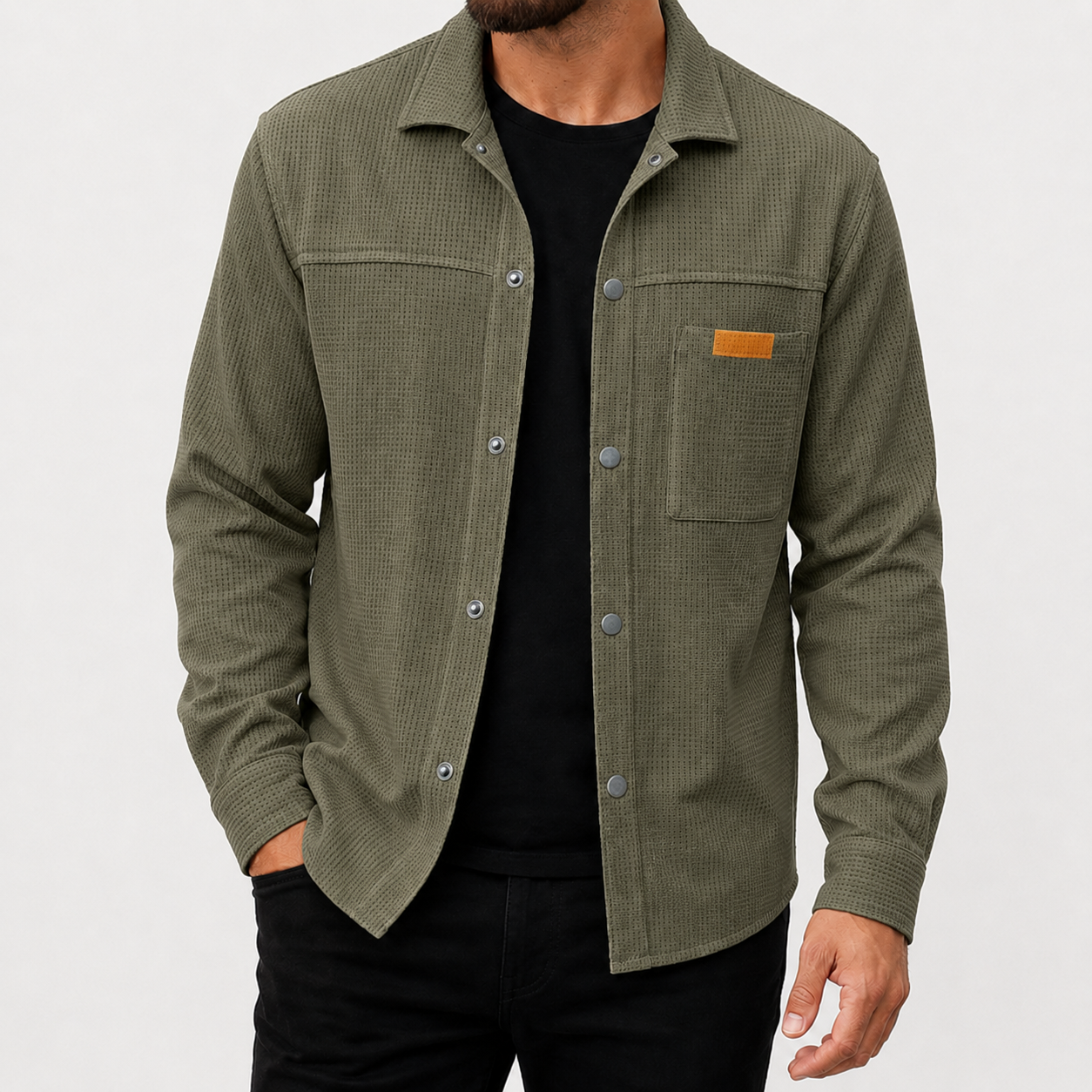 Dusty olive men's waffle snap-front overshirt front view