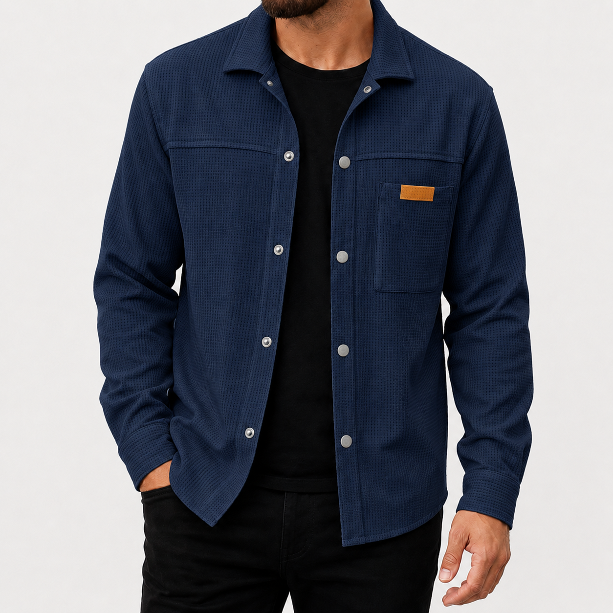 Navy blue men's waffle snap-front overshirt front view