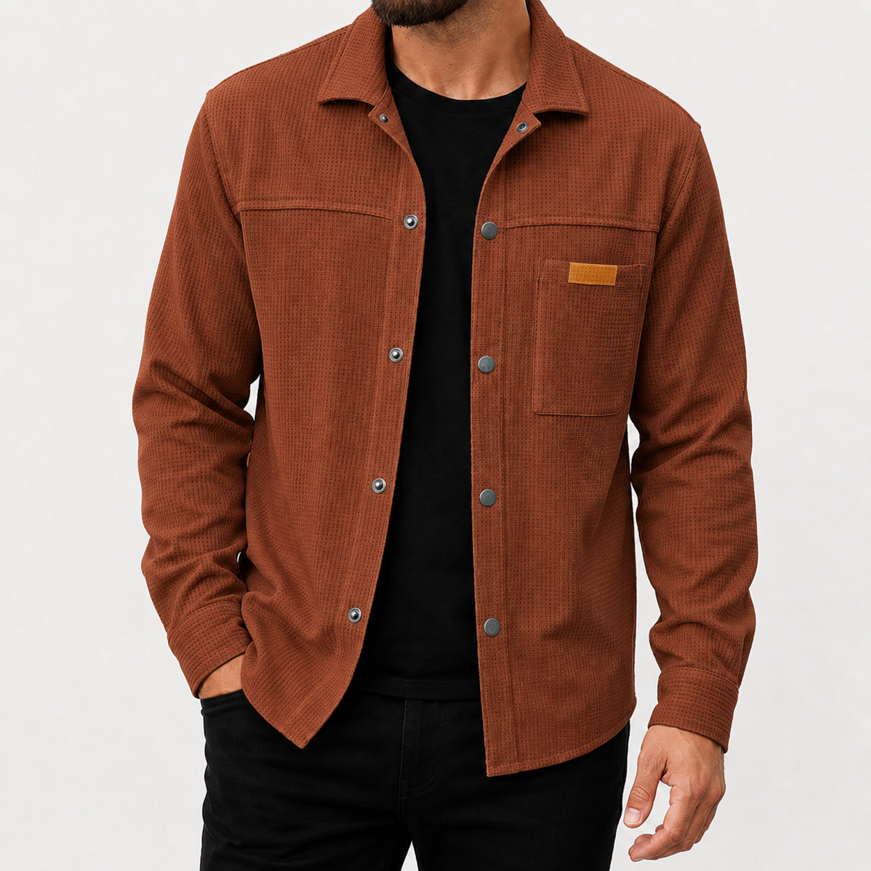 Rust brown men's waffle snap-front overshirt front view