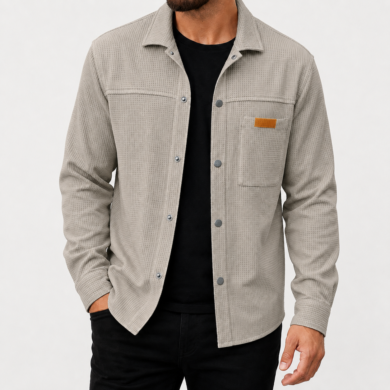 Stone gray men's waffle snap-front overshirt front view