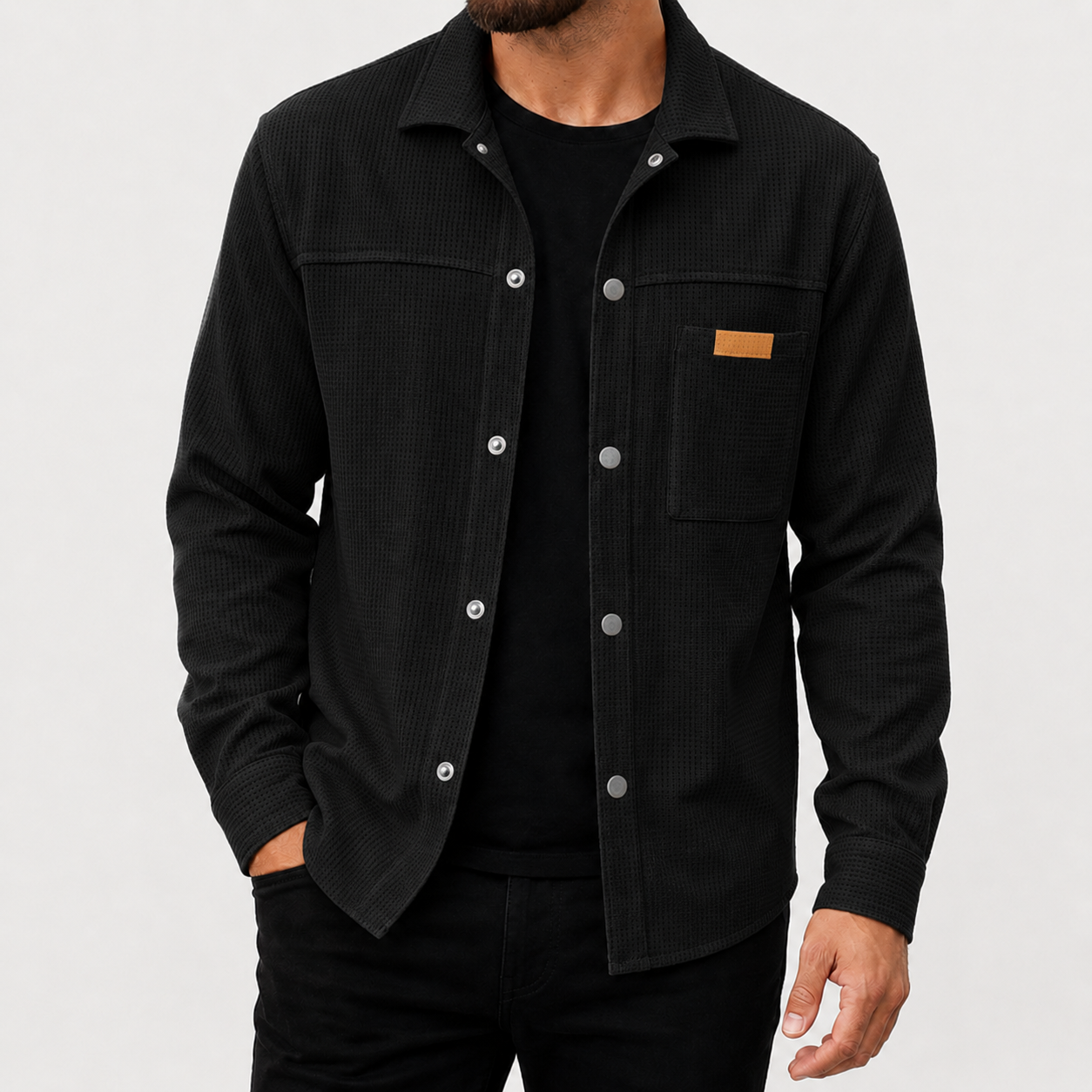 Black men's waffle snap-front overshirt front view