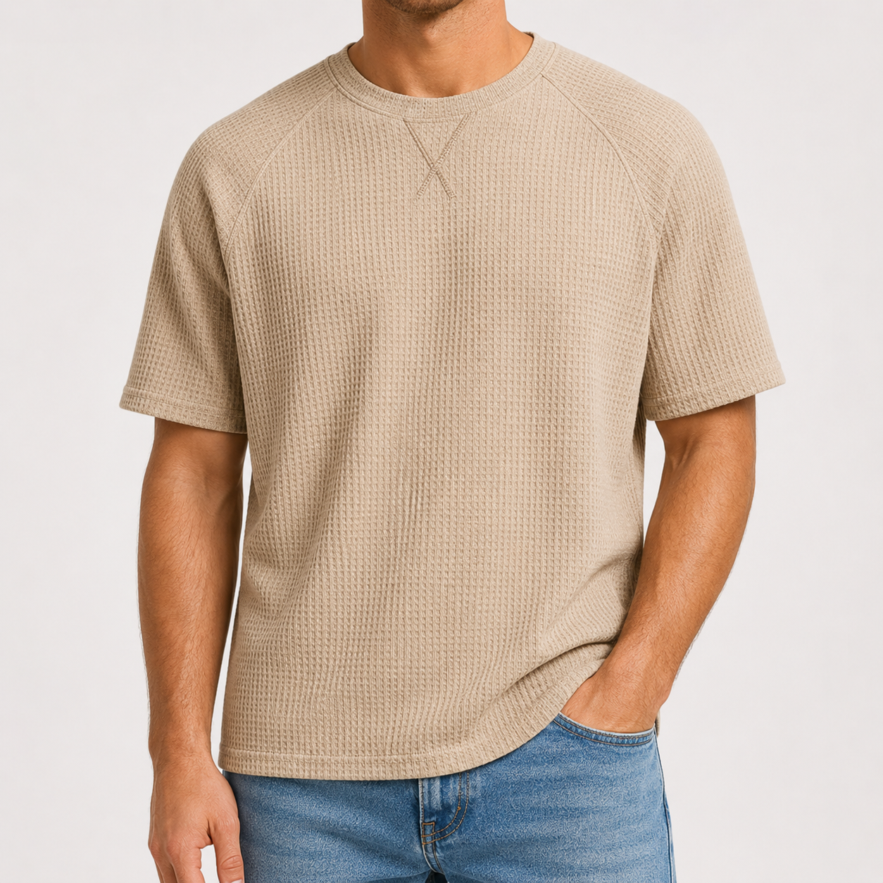 Khaki Beige waffle knit crewneck T-shirt front view
