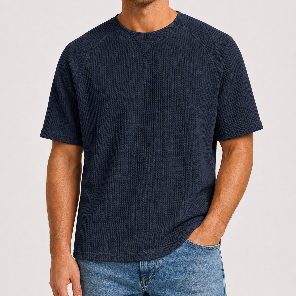 Navy Blue waffle knit crewneck T-shirt