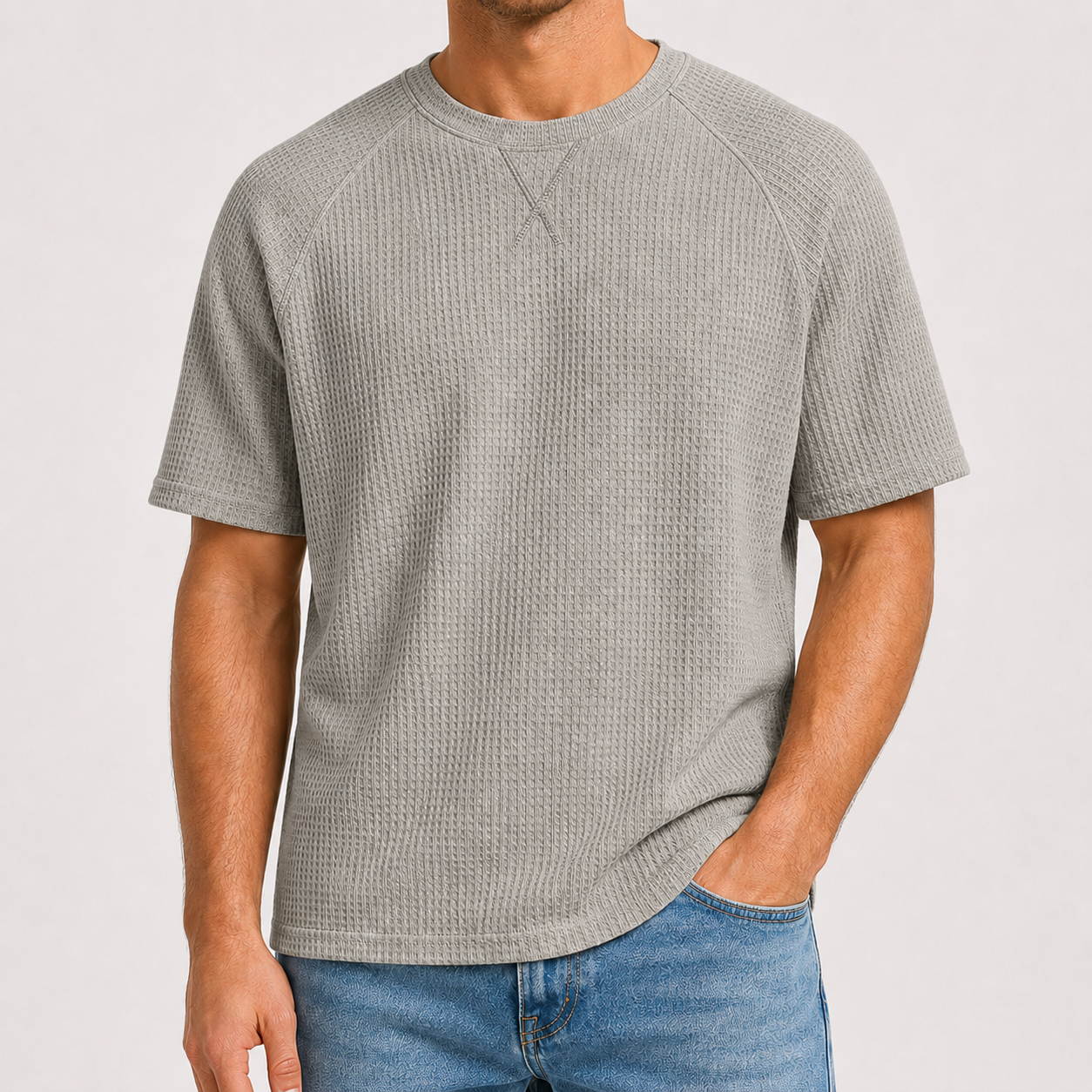 Light Heather Gray waffle knit crewneck T-shirt