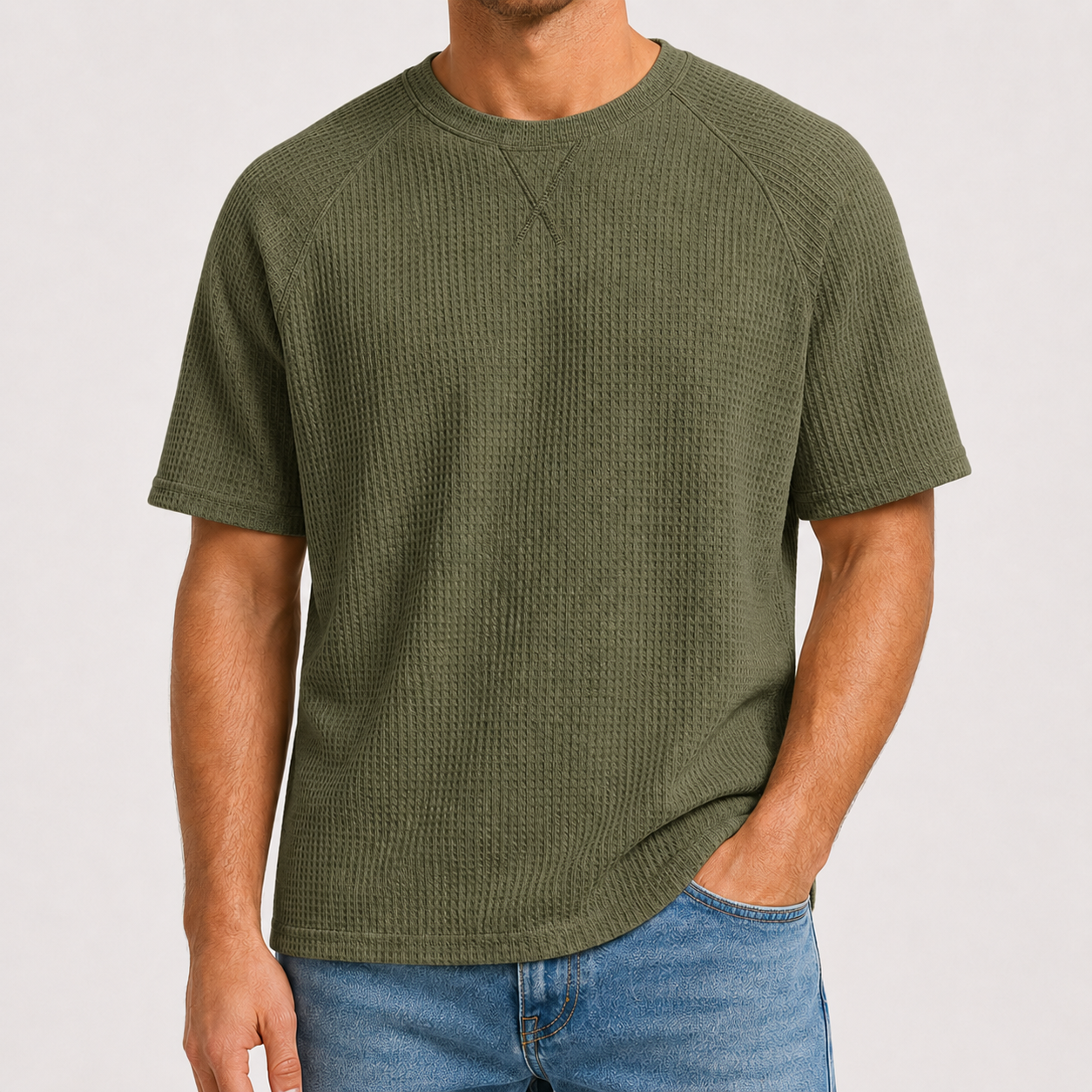 Olive Green waffle knit crewneck T-shirt