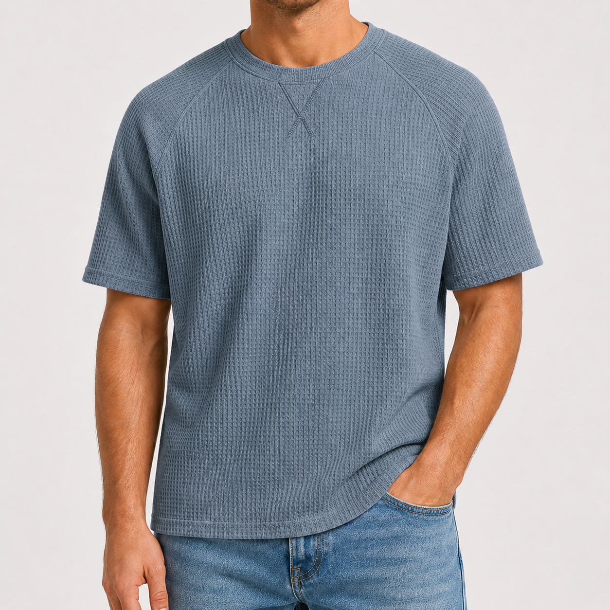Dusty Blue waffle knit crewneck T-shirt