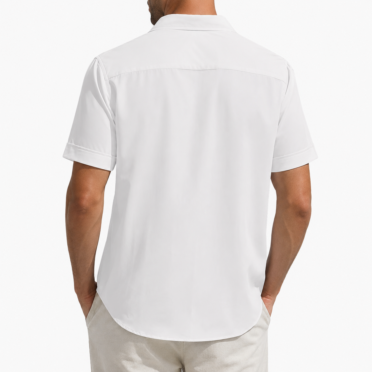 Back view of white short sleeve button-up shirt