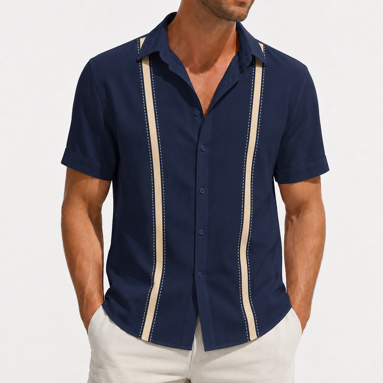 Navy beige stripe short sleeve button-up shirt
