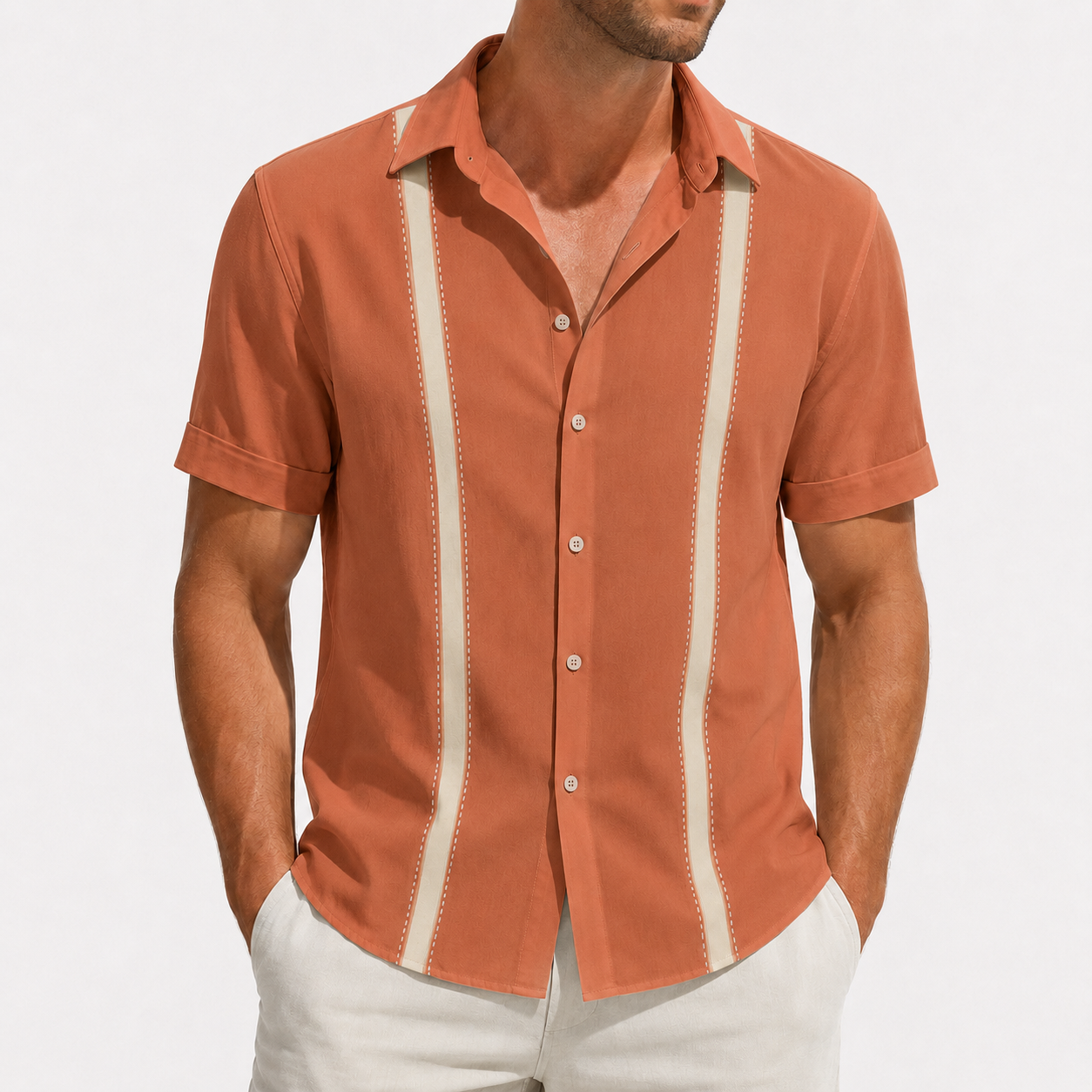 Terracotta beige stripe short sleeve button-up shirt