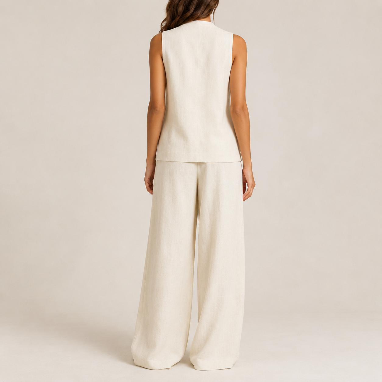 Back view of the Natural Ivory V-neck vest and wide leg pants set
