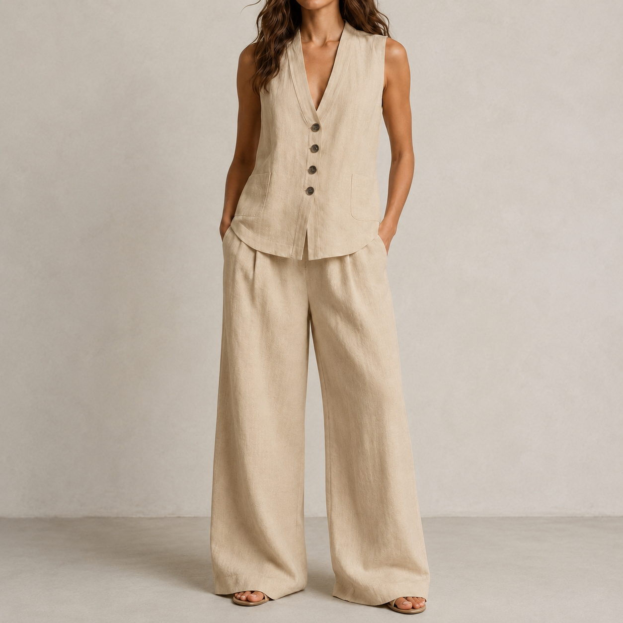 Oatmeal Beige V-neck vest and wide leg pants set