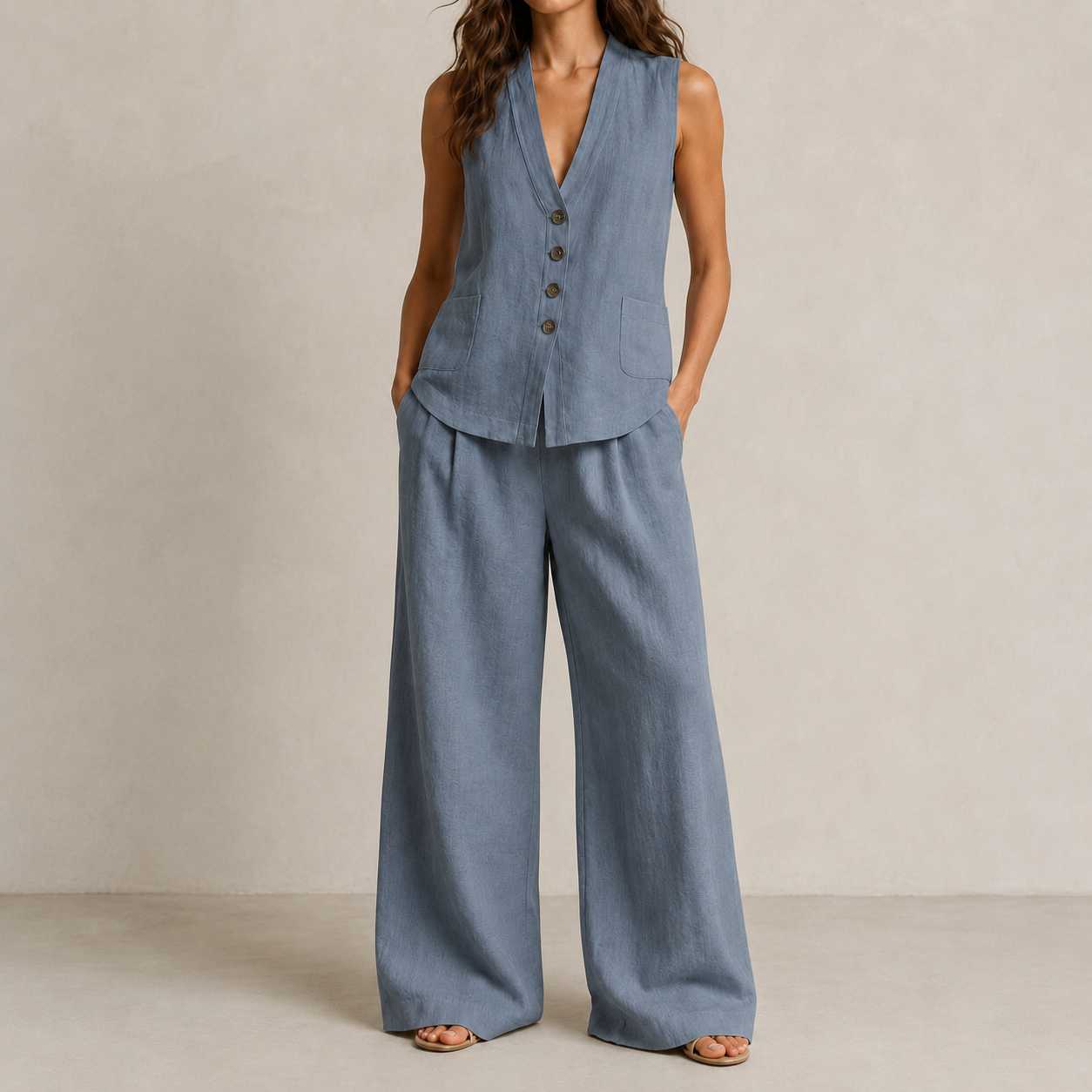 Slate Blue V-neck vest and wide leg pants set