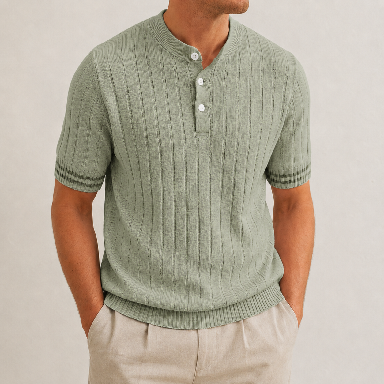 Men's ribbed henley knit shirt sage green color