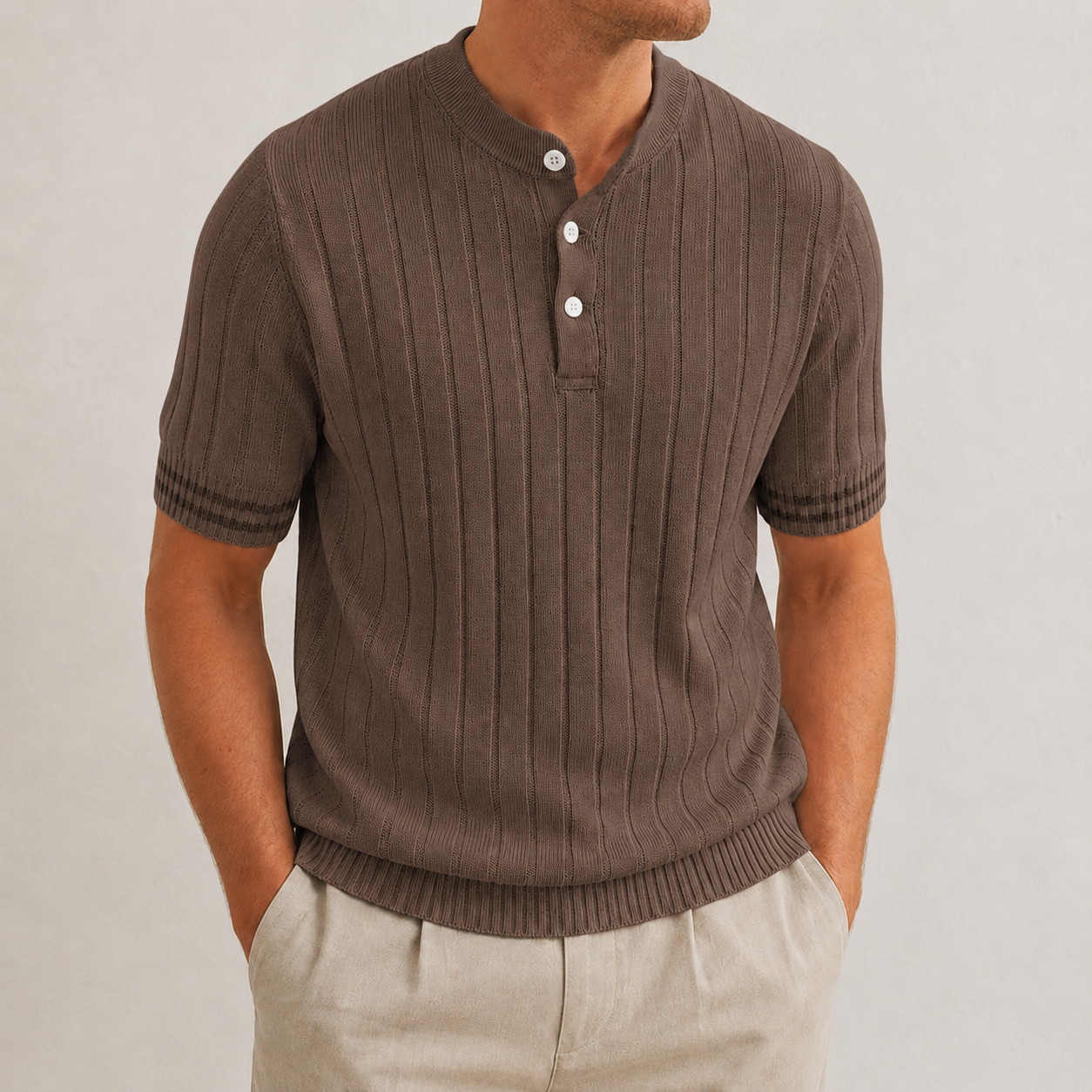 Men's ribbed henley knit shirt cocoa brown color