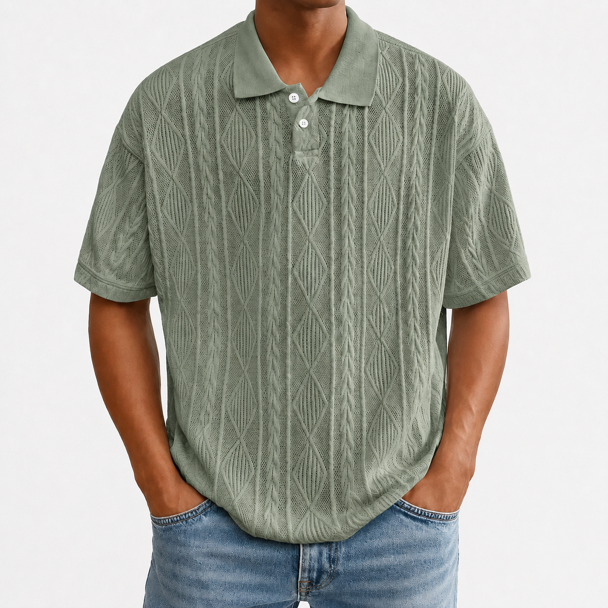 Sage green textured knit polo