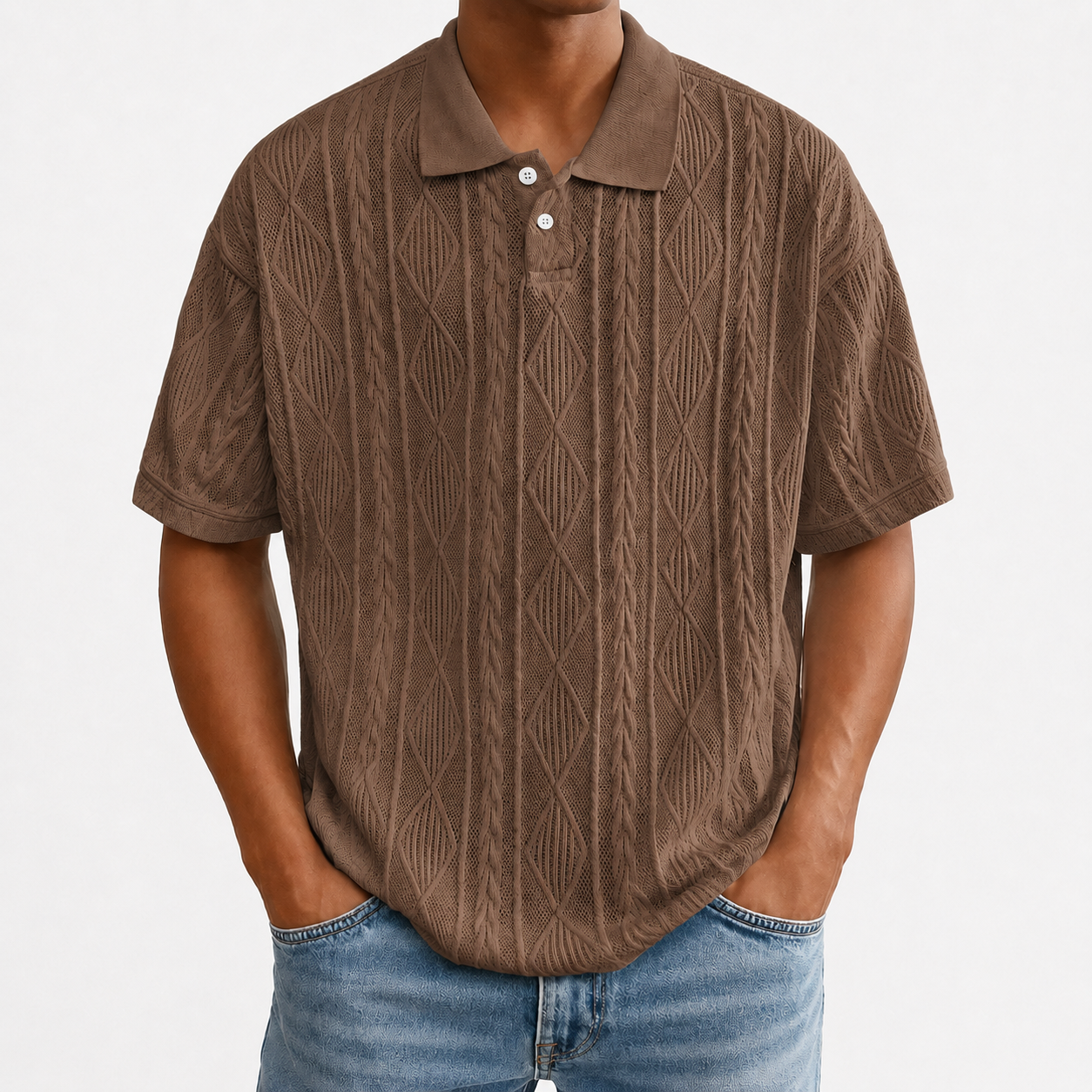 Mocha brown textured knit polo
