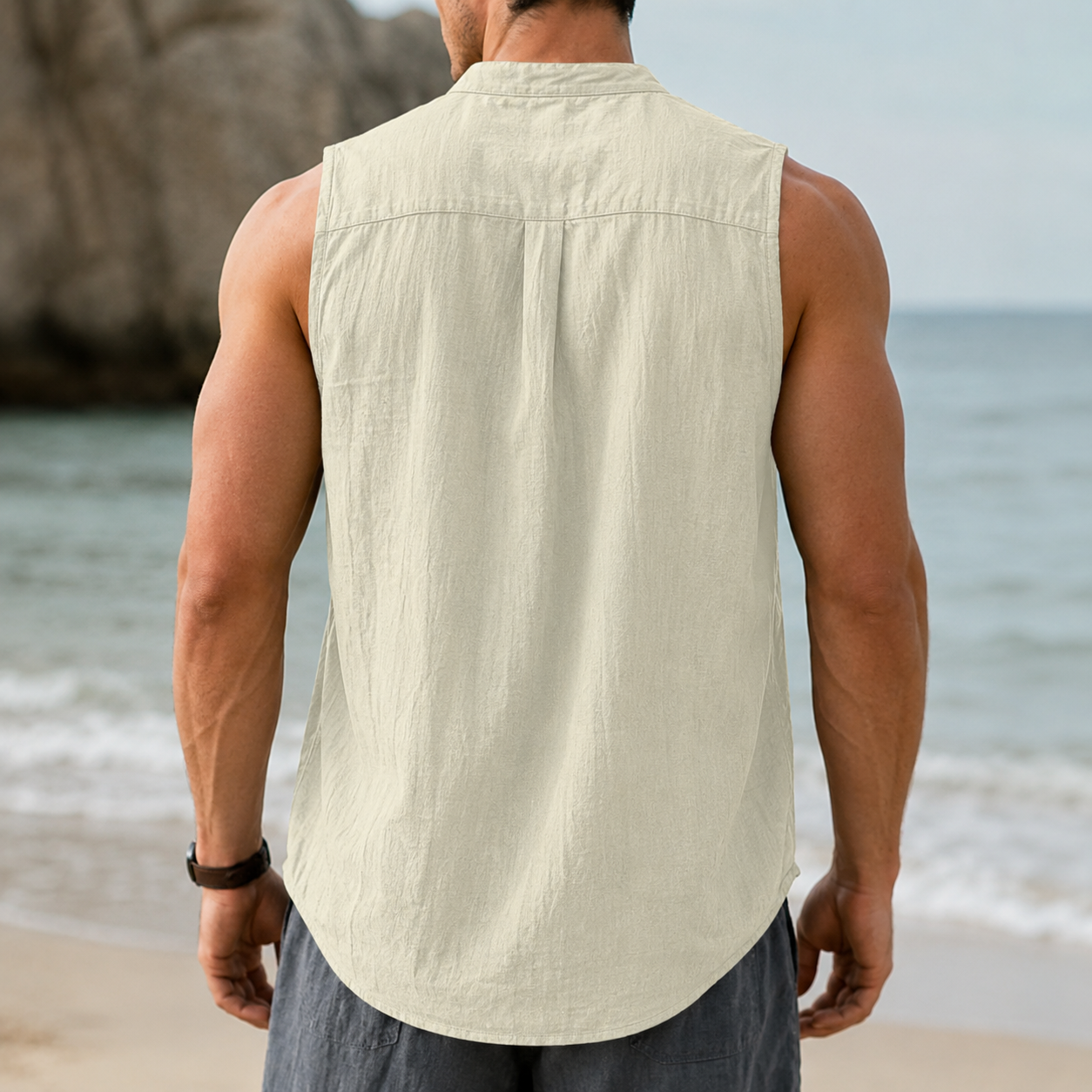 Men's sleeveless split neck linen look shirt back view with yoke and center pleat