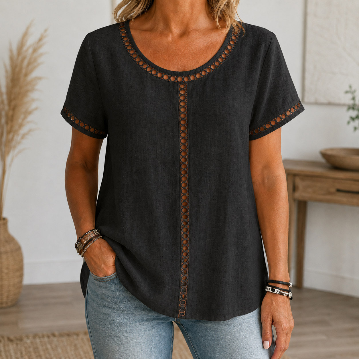 soft black linen-look openwork trim blouse
