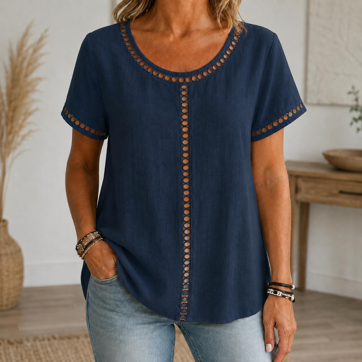 deep navy linen-look openwork trim blouse