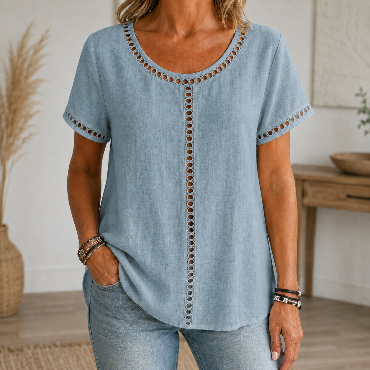 dusty blue linen-look openwork trim blouse