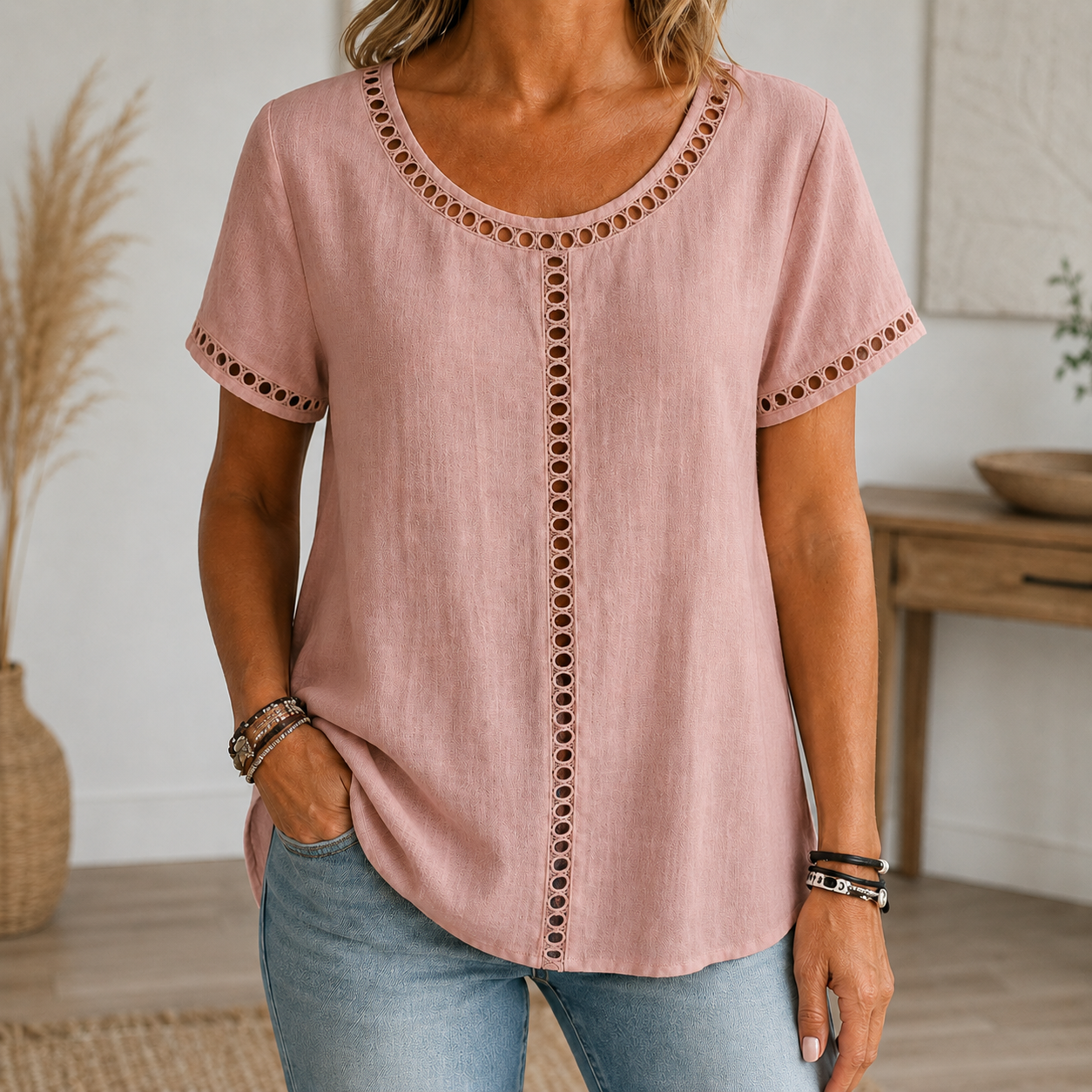 dusty rose linen-look openwork trim blouse