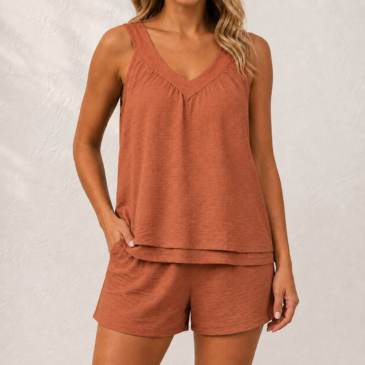 Terracotta textured V neck top and shorts set front view