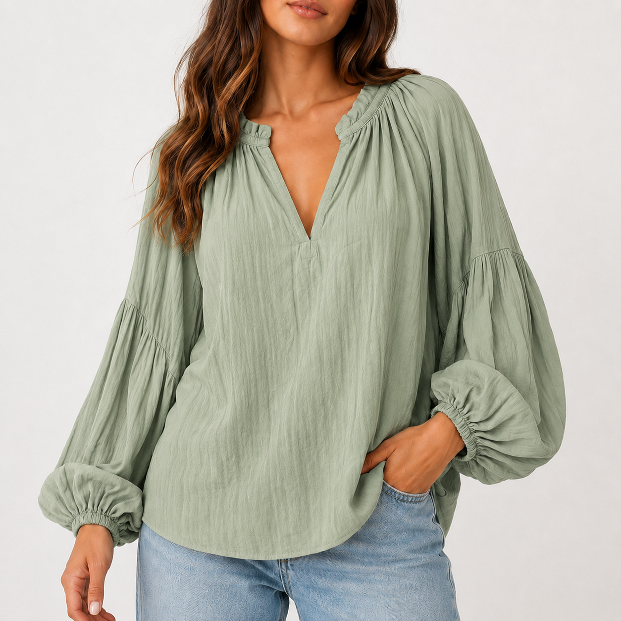 Sage Green relaxed crinkle split V-neck blouse