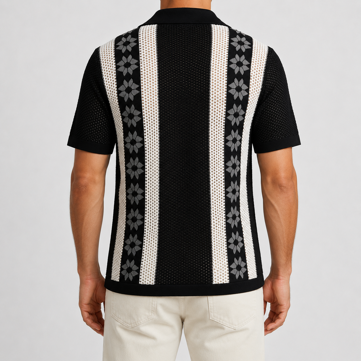 Jet Black open collar textured knit shirt back view