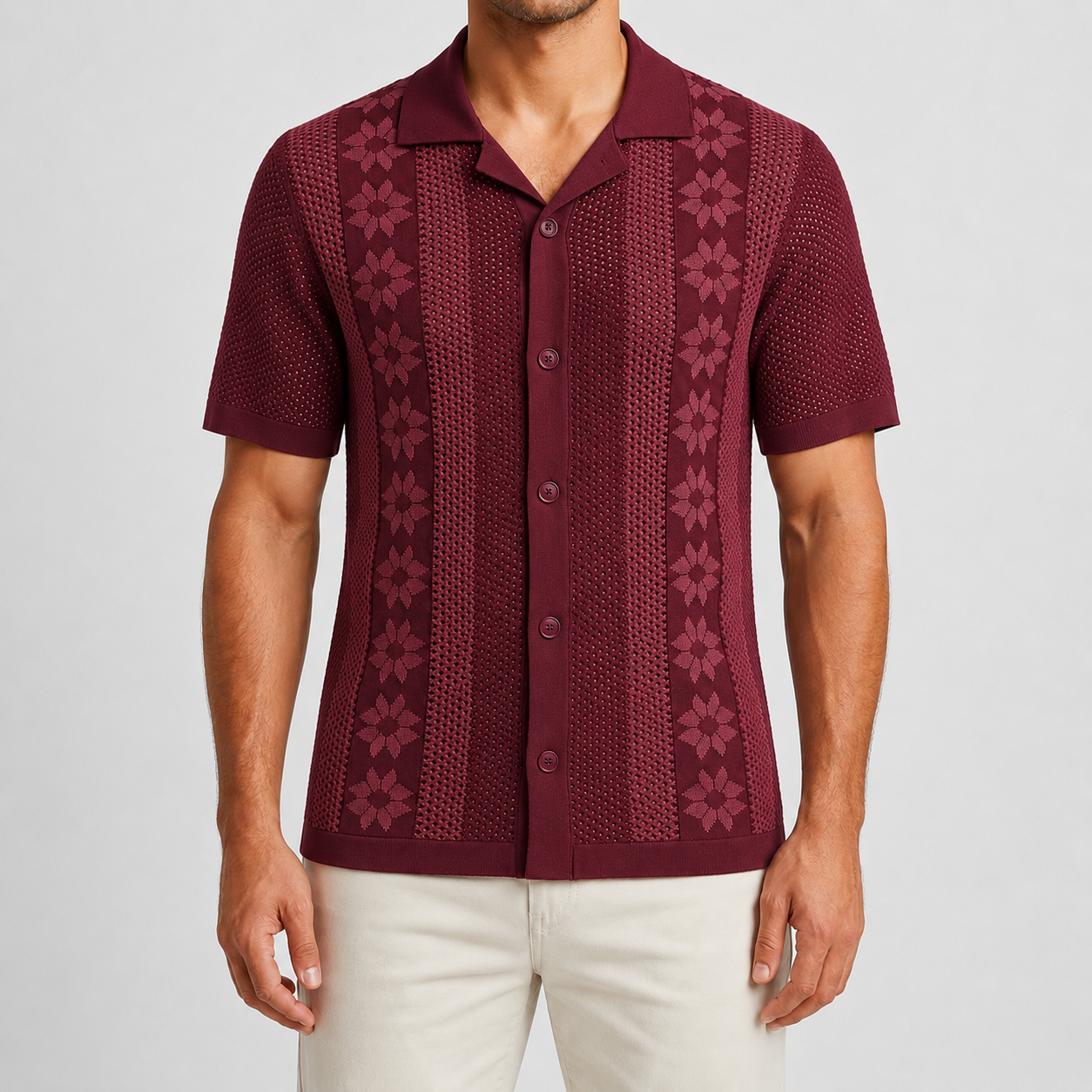 Burgundy open collar textured knit shirt model view