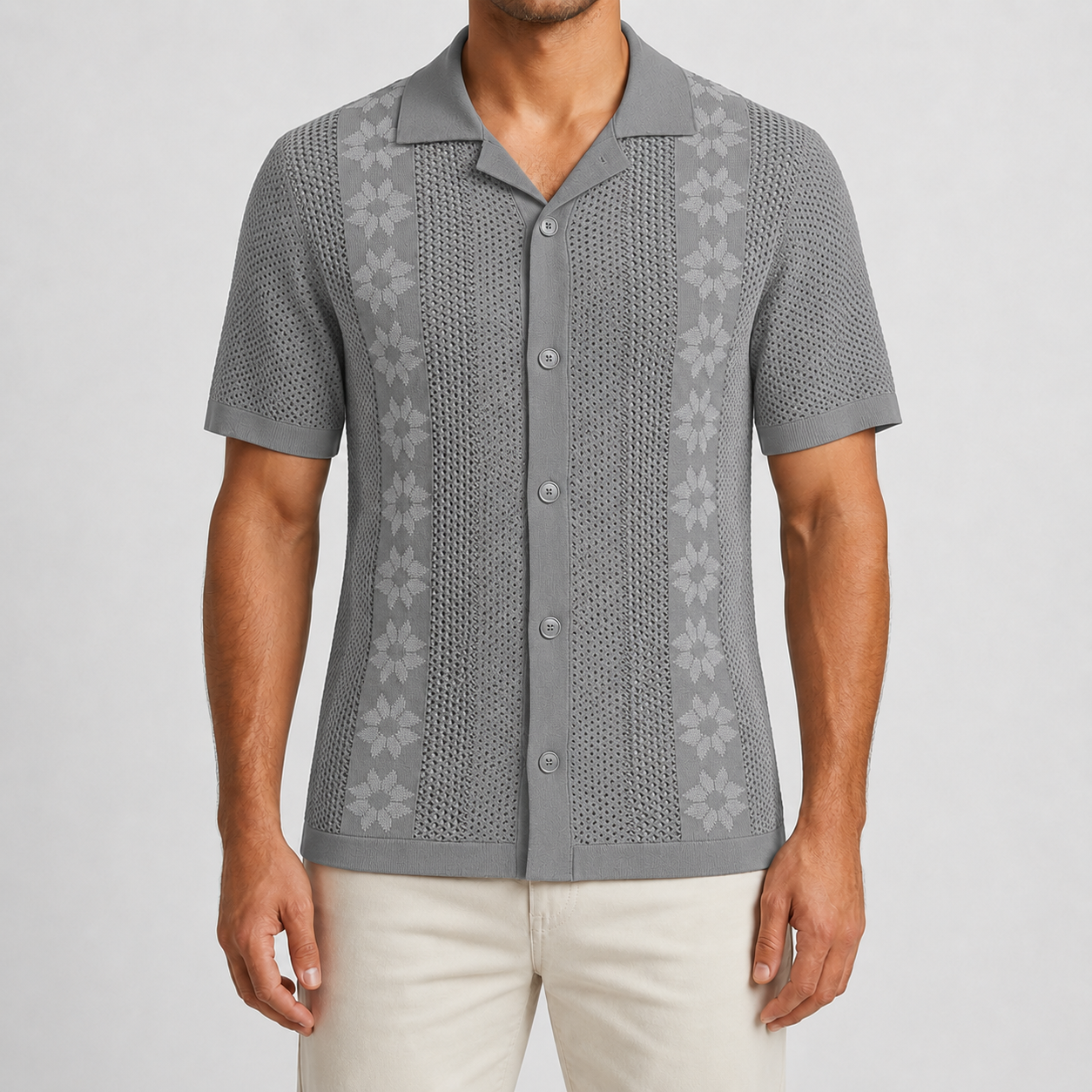 Stone Gray open collar textured knit shirt model view