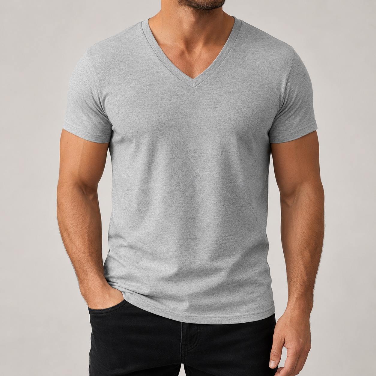 Men's heather gray V-neck short sleeve T-shirt