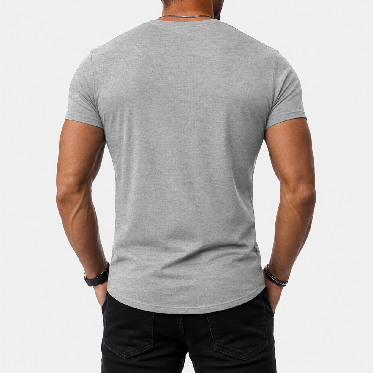 Back view of heather gray V-neck short sleeve T-shirt