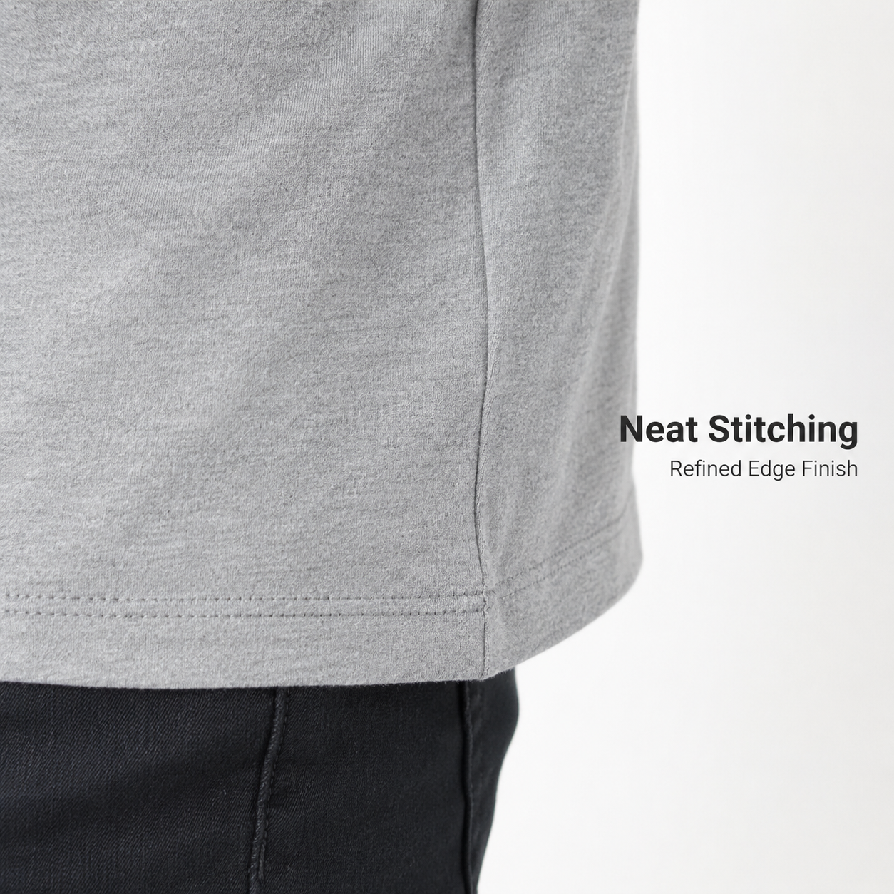 Hem and side seam stitching detail of men's V-neck T-shirt