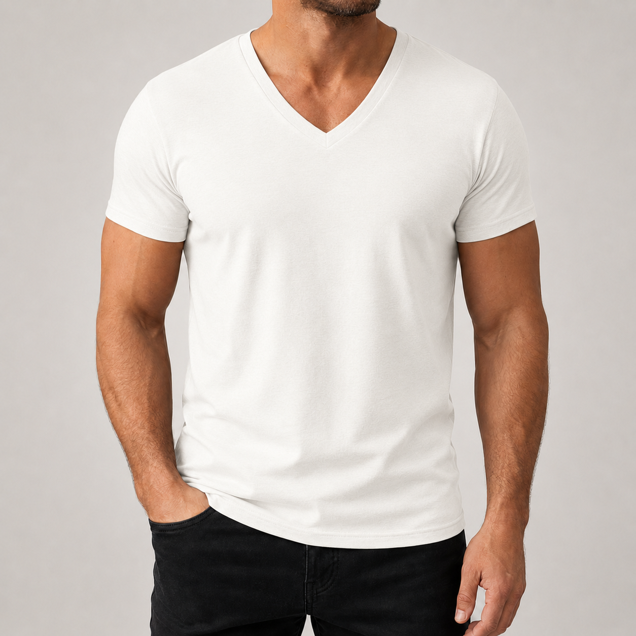 Men's white V-neck short sleeve T-shirt